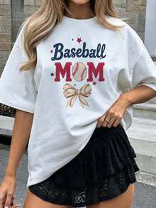 Premium White Loose Fit T-Shirt With "Baseball Mom" Print, Baseball And Bow, Short Sleeve Crew Neck, Casual Top For Baseball Moms, Comfortable Clothing For Games And Everyday Wear, Chic Sporty Style, - 白色 - 查看 7