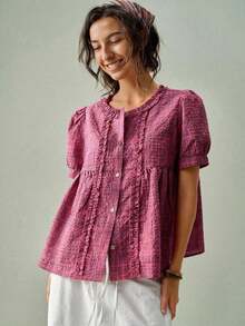 Camisa casual retro a cuadros con cuello redondo, volantes fruncidos y mangas con volantes para mujer - Rosa Fucsia - Ver 5