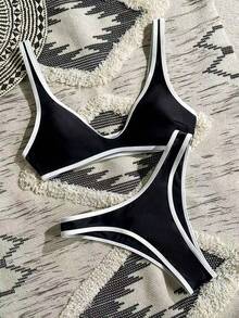 Bikini sexy con ribete blanco, traje de baño de nailon de alta elasticidad y corte alto, versión deportiva. - Negro - Ver 1