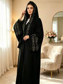1 Set Muslim Exquisite Embroidered Long Robe With Embroidered Cuff Design, Matching Solid Color Muslim Long Scarf, Islamic Long Khimar Hijab, Prayer Headscarf, Suitable For Women's Daily Wear And Prayer, All Seasons - Multicolor - View 5