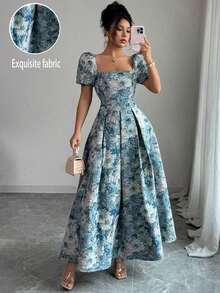 Vestido midi elegante con mangas abombadas bordadas para mujer, de verano - Azul - Ver 7
