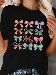 Camiseta unisex, camiseta de cuello redondo con estampado de lazo, top casual de manga corta para primavera y verano, ropa de mujer, blusas de mujer, tops de mujer, camisetas de mujer, estampado gráfico, agradable al tacto, estilo retro de los 90, ropa urbana, camisetas casuales de moda. - Negro - Ver 5