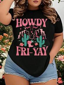Women's Clothing Western Cowgirl Howdy Fri-Yay T-Shirt With Cactus And Cowboy Boots Design, Funny Graphic Tee For Women, Country Style Top, Perfect For Weekend Outings And Holiday Events, Women's Shirts - 黑色 - 查看 6