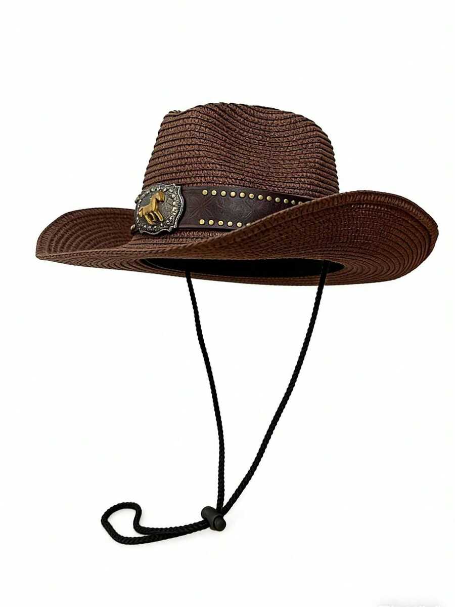 1顶男女通用纯色宽檐巴拿马草帽，时尚复古牛仔帽，带链条装饰，多功能休闲遮阳帽，适合户外、运动、海滩、日常穿着 - A - 查看 1