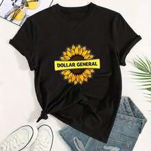 Camisetas de Algodón con Cuello Redondo y Estampado Gráfico para Mujer, Estampado con el Logo de Girasol de Dollar General, Camisetas Casuales de Manga Corta de Talla Grande, Camisetas Unisex, Camisetas de Moda para Mujer de Primavera y Verano. - Negro - Ver 3