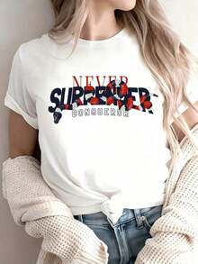 Women's Outfits 2026 Women's T-Shirt "Never Surrender Conqueror", Retro Snake Print And Lettering, Round Neck, Short Sleeve, Urban Style, Ideal To Combine With Denim Jeans, Cool Women's T-Shirts - 白色 - 查看 7