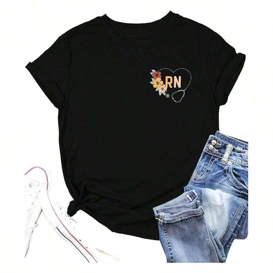 Camiseta de Enfermera para Mujer, Camiseta RN: Camiseta de Enfermera Registrada, Camiseta 'Nurse Life', Blusa para la Semana de la Enfermera, Regalo para la Escuela de Enfermería, Camisetas Gráficas para Mujer, Playeras de Mujer - Negro - Ver 1