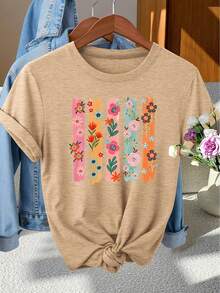 Elegante Camiseta de Fiesta para Mujer con Estampado Floral Colorido, Cuello Redondo y Manga Corta| Elegante y fotogénico, perfecto para primavera/verano/otoño. - Caqui - Ver 6