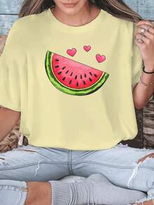 Tallas Grandes, Camisetas Estampadas de Sandía para Mujer de Tallas Grandes, Tops Casuales de Manga Corta con Cuello Redondo para Primavera y Verano, Ropa de Tallas Grandes para Mujer, Ropa de Moda - Albaricoque - Ver 3