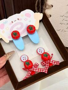 4pcs Girls Delicate Sweet INS Style Versatile Hair Clips, Cartoon Tomato Creative Design Side Bangs Clips - Multicolor - View 3