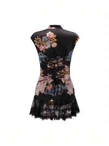 Cheongsam Style Dress With Koi Print, Modern Chinese Design, Lace Hem, Fitted Cut - Black - View 8