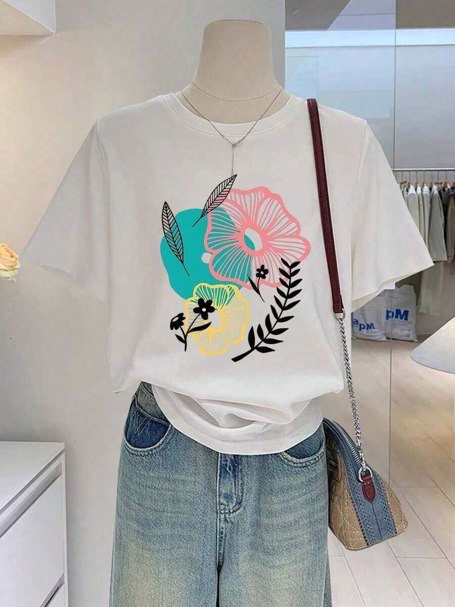 Camisetas de manga corta de talla grande para mujer, ideales para el verano, tops básicos para el día a día, nueva camiseta de calidad 2026, estampado floral artístico en contraste de colores, cuello redondo, manga corta, camiseta casual y hermosa para mujer, lavable a máquina, transpirable y cómoda. - Blanco - Ver 1