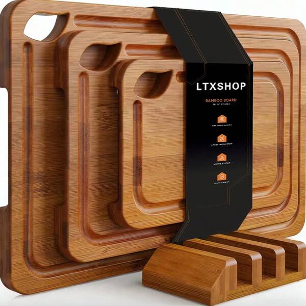 Deep Carbonized Bamboo Cutting Board Set, Designed For Kitchen Use, Paired With Wooden Storage Rack; Double-Sided For Separate Handling Of Cooked Food, Features Oil Draining Groove And Ergonomic Handle, Protects Knives,