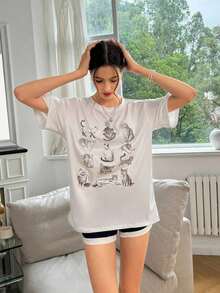 Y2K Style,  Style, The Newest Of 2026, Cute Style, Casual Style. Women's Casual Short-Sleeve Animal Print T-Shirt, Graphic Tees For Summer 180g (S-XXXL) - 白色的 - 查看 5