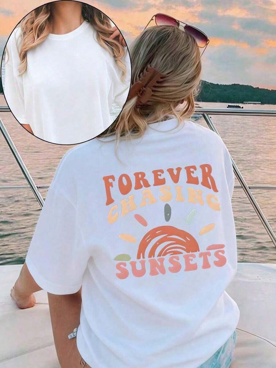 PermeabilityEMERY ROSE Women's Plus Size Short Sleeve T-Shirt With "FOREVER CHASING SUNSETS" Slogan Pattern Print, Suitable For Summerspacious - White - View 1