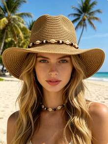 Panama Straw Hat, Shell Chain Cowboy Straw Hat, Straw Woven Sun Hat, Beach Resort Straw Hat, Lightweight Breathable UV Protection, Suitable For Travel, Daily Wear, Holiday Gift - Panama Straw Cowboy Hat - View 1