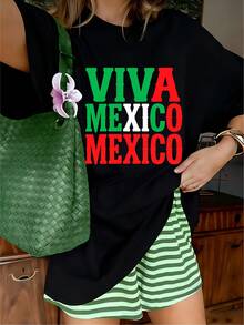 Viva Mexico Graphic T-Shirt, 100% Cotton Oversized Soft Breathable Casual Crewneck Short Sleeve Top, Retro Streetwear Summer Vibes Tee For Women & Mexico Lovers - 黑色 - 查看 5
