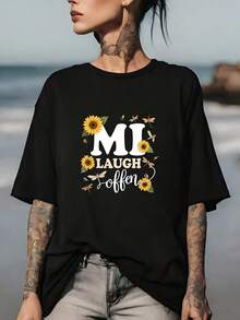 Camiseta Suave 'Siempre Ríendose' con Diseño de Girasol y Abeja, 180G - Ideal para Picnics de Verano, Reuniones Familiares y Eventos de Equipo en la Oficina |   Ideas de regalos navideños para él y para ella - Negro - Ver 7