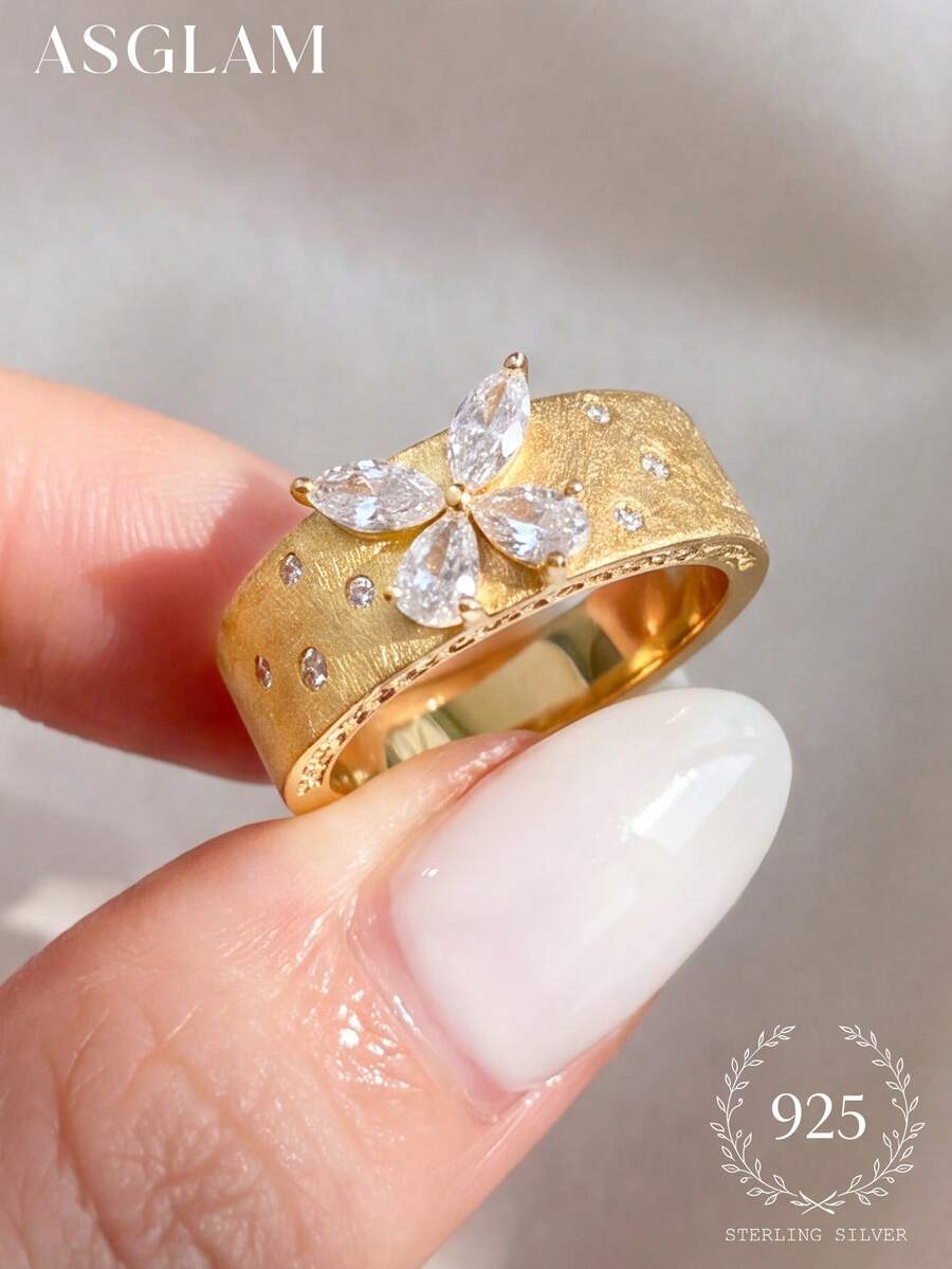1pc Elegant & Fashionable Gold-Tone & White Cubic Zirconia 925 Sterling Silver Ring, Suitable For Anniversary/Birthday Gift - Gold - View 1