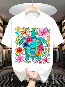 Women's Casual Blouse With Turtle And Floral Print, Graphic Tee With Vibrant Floral And Marine Life Design, Is A Perfect T-Shirt To Give To Friends And Family At Any Party Or Festive Occasion, 220g - 白色 - 查看 2