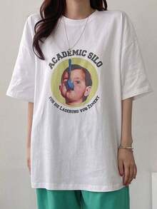 Camiseta Casual de Mujer con Cuello Redondo, Corte Holgado y Estampado Gráfico, Blusas Bonitas de Estilo Vintage Urbano, Camiseta Unisex de Algodón de Manga Corta y Cuello Redondo. blusas.blusas casuales para dama. - Blanco - Ver 4
