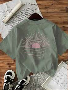 Limited Edition Graphic Print T-Shirt, Short Sleeves, Round Neck, Casual Top For Summer And Spring, Women's Clothing, Lightweight Cotton. - 綠色 - 查看 4