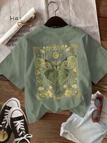 Limited Edition: Women's Casual Summer T-Shirt With Vintage Style Double-Sided Moth And Plant Print, Round Neck, Short Sleeve, Lightweight Cotton - 綠色 - 查看 2