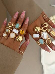 5/12pcs Set Fashionable Bohemian Geometric Hollow Asymmetric Abstract Design Faux Pearl Adjustable Gold Tone Faux Gemstone Colorful Ring Set, Jewelry Accessories Suitable For Women's Daily And Party Decoration, Gift - Yellow Gold - View 1