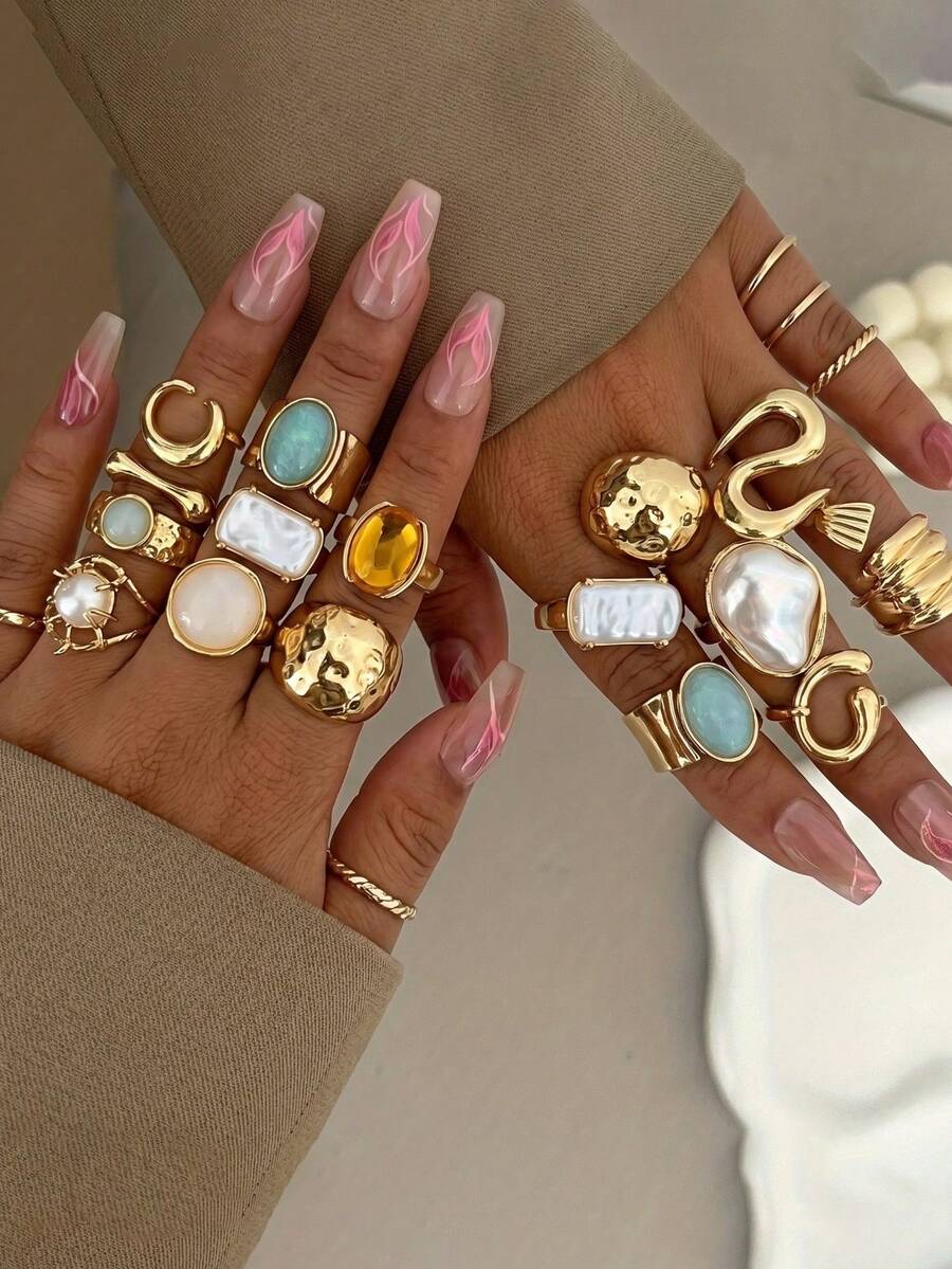 5/12pcs Set Fashionable Bohemian Geometric Hollow Asymmetric Abstract Design Faux Pearl Adjustable Gold Tone Faux Gemstone Colorful Ring Set, Jewelry Accessories Suitable For Women's Daily And Party Decoration, Gift - Yellow Gold - View 1