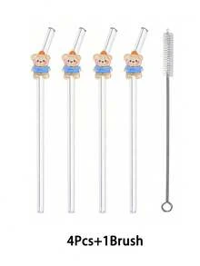 1/2/4Pcs Reusable Cartoon Glass Straws With Bears Stuff, Clear And Glass Bent Glass Drinking Straw Cutlery Set,For Kitchen Accessories,Straw Topper,Cold Drinks,Milk Tea,Coffee,Juice,Home,Restaurants,Holiday Supplies,Summer,Graduation Season,. - Style 4 - View 10