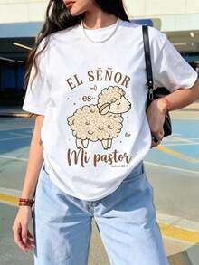 FashionNEW Women's Cotton T-Shirt With Christian Phrase "The Lord Is My Shepherd" And Sheep Design - Soft And Breathable Short-Sleeve T-Shirt Printed With The Verse From Psalm 2:1, Suitable As A Religious Clothing Gift For Church, Study, And Everyday Wear. Unisex Loose-Fitting Cotton Short-Sleeve Crew Neck T-Shirt With A Vintage Urban Style - 白色 - 查看 6