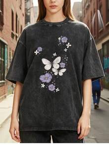1 camiseta de algodón puro lavado, estilo popular 2026, con estampado de mariposas negras y flores, unisex, estilo vintage, cuello redondo, adecuada para todas las estaciones, ropa casual para hombres y mujeres, regalo de Año Nuevo, casual y cómoda, moda urbana, 100% algodón de 180g. - Negro - Ver 2