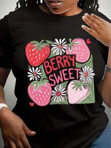 Berry Sweet T-Shirt, Strawberry Print T-Shirt, Cute Summer T-Shirt, Cottagecore T-Shirt, Cute Women's T-Shirt, Summer Fruit T-Shirt, Gift For Her - 黑色 - 查看 6