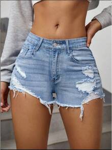 Pantalones cortos vaqueros rasgados en bruto para mujer, moda con dobladillo acampanado, pantalones cortos de verano para mujer, ropa de calle azul, ropa ajustada Sexy Retro de ocio - Azul - Ver 3
