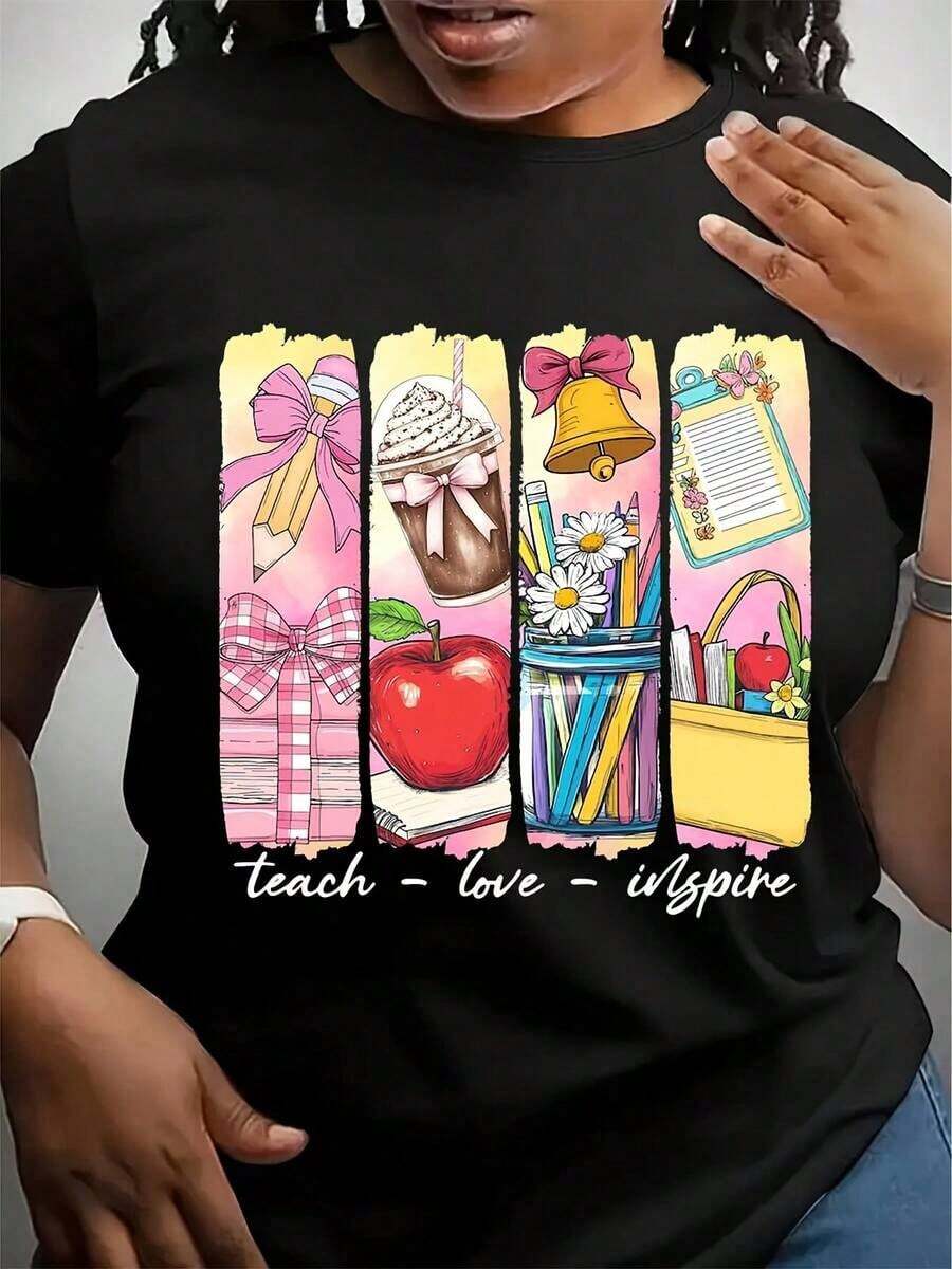 Camiseta Retro para Maestros, Camiseta Coqueta para Maestros, Enseña, Amaba, Inspira, Regalo de Agradecimiento para Maestros, Camiseta para el Último Día de Clases, Camiseta para Regreso a Clases - Negro - Ver 1