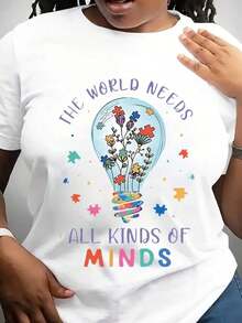 Camiseta de Mujer con Estampado Gráfico de Concientización sobre el Autismo y la Neurodiversidad - El Mundo Necesita Todo Tipo de Mentes, Diseño de Bombilla y Flores, Camiseta Casual de Cuello Redondo Suave y Elástica, Lavable a Máquina, Top de Primavera Verano, Camiseta de Colores Divertidos, Camiseta de Ajuste Cómodo - Blanco - Ver 1