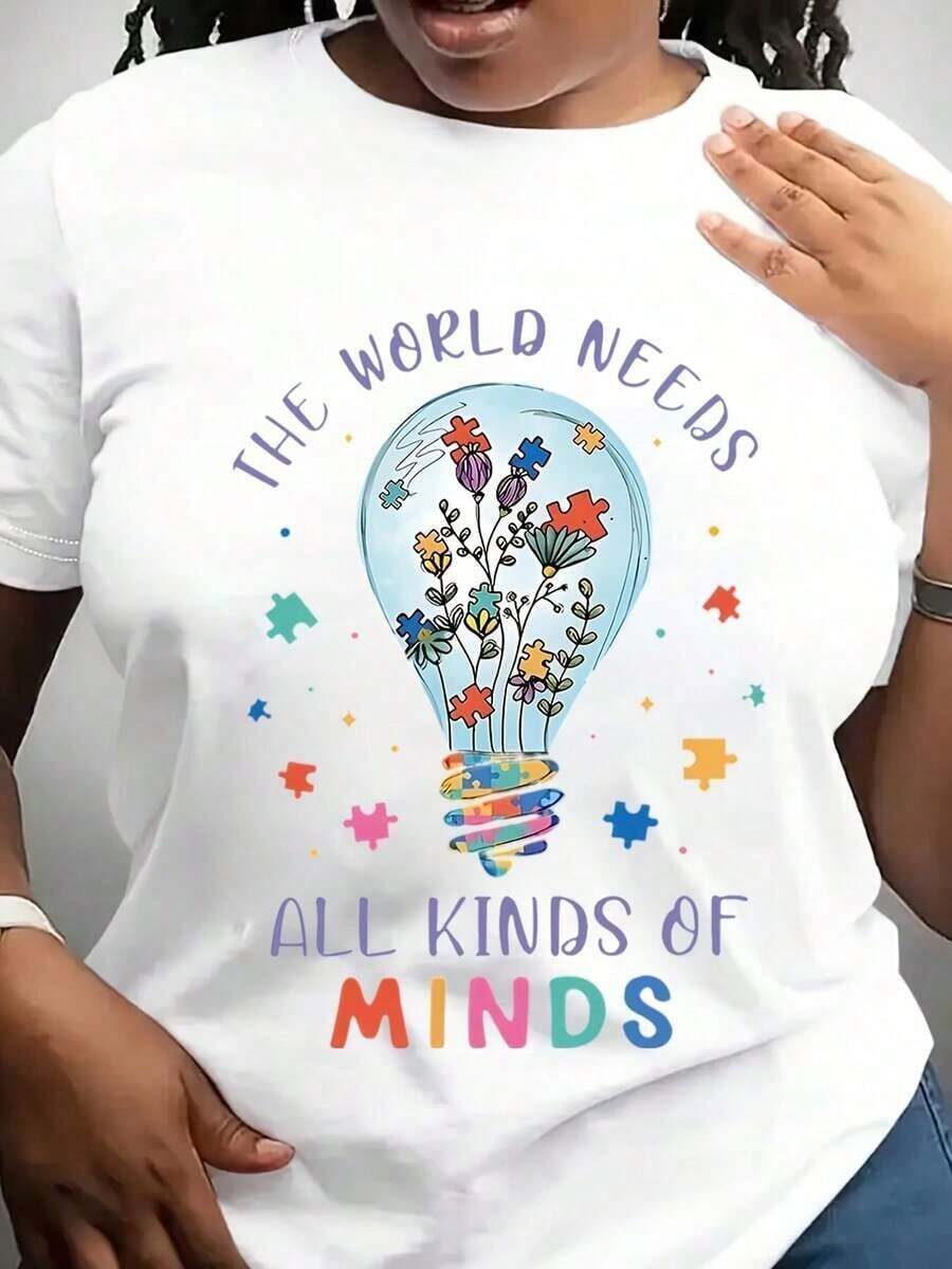 Camiseta de Mujer con Estampado Gráfico de Concientización sobre el Autismo y la Neurodiversidad - El Mundo Necesita Todo Tipo de Mentes, Diseño de Bombilla y Flores, Camiseta Casual de Cuello Redondo Suave y Elástica, Lavable a Máquina, Top de Primavera Verano, Camiseta de Colores Divertidos, Camiseta de Ajuste Cómodo - Blanco - Ver 1