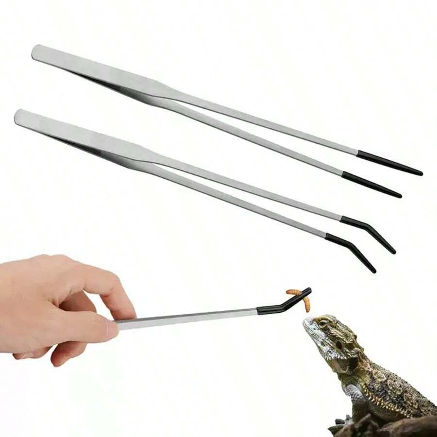 1-2pcs Reptile Feeding Tools, Stainless Steel Feeding Tweezers For Gecko, Mane Lion Lizard, Feeding Insects And Cleaning, Rubber Tip Aquatic Plant Tweezers, Long Handle Won't Hurt Pets, Suitable For Pacman Frog, Gecko - C-Silver - View 1