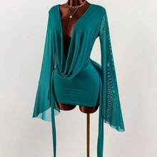 Romantic Vacation Earthy Tone Low-Cut Draped Collar, Flared Sleeves, Bodycon Mini Dress Bell Sleeves - Rosa - Ver 4