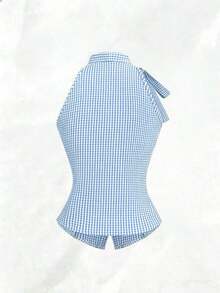 Camisa de mujer de corte ajustado con cuello con lazo, sin mangas, escote en V delantero abierto, botones verticales en la cintura y fruncido, de estilo casual y elegante para primavera y verano - Azul - Ver 2