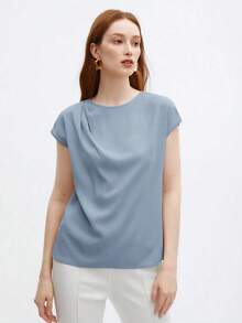 Blusa de satén de corte holgado con mangas acampanadas para mujer, elegante y versátil para ocasiones urbanas románticas, formales, de viaje, como invitada de boda, cumpleaños, casual de negocios, citas, aeropuerto, regreso a clases, uso en la ofi - Celeste - Ver 3