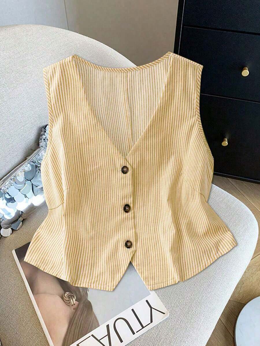 Blusa casual de mujer talla grande de cuello en V de una sola hilera con rayas y sin mangas - Amarillo - Ver 1