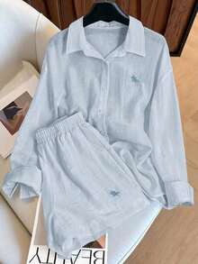 Conjunto de camisa de manga larga a rayas de un solo pecho y pantalones cortos versátiles de estilo vintage casual - Celeste 2 - Ver 9