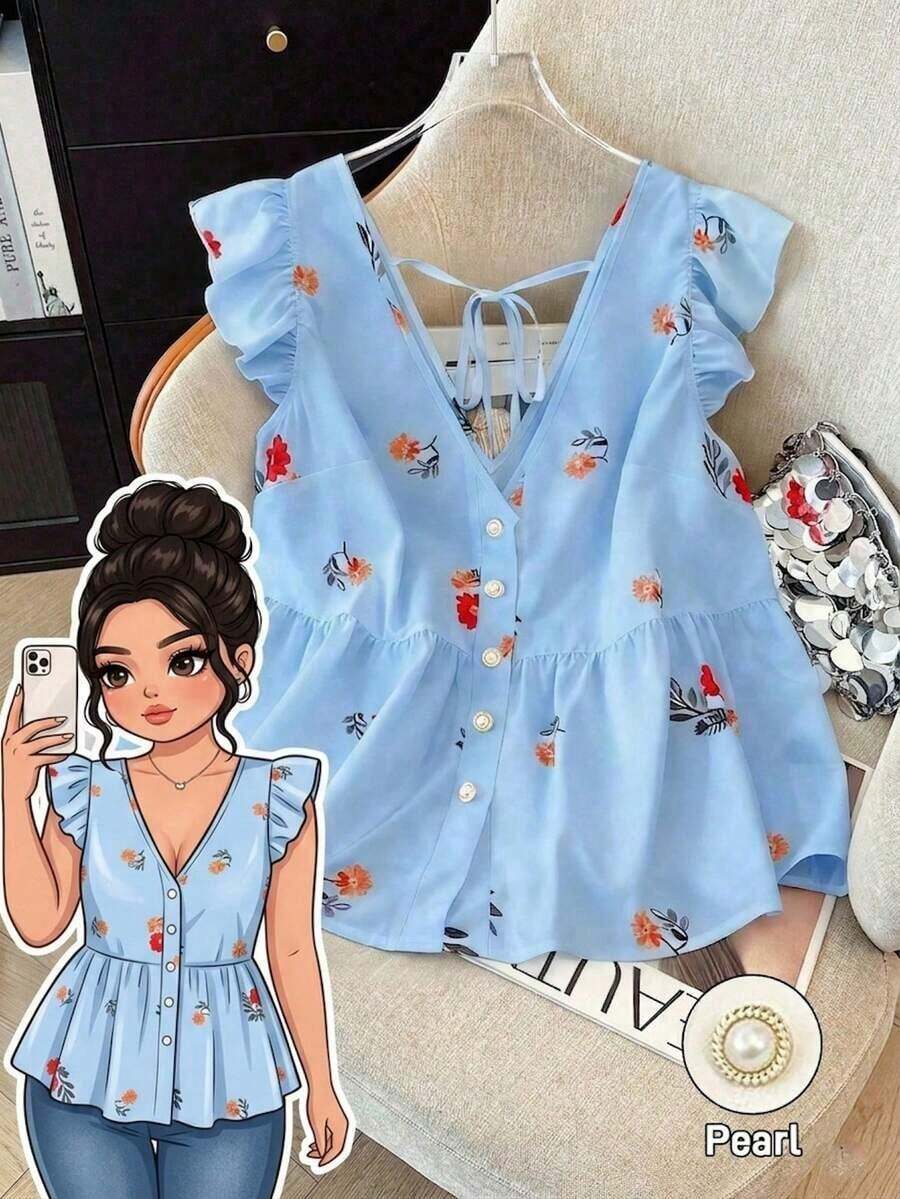 Blusa de mujer de talla grande con estampado floral de gasa, estilo casual de frente abierto tipo resort, versátil para primavera, verano y otoño - Azul - Ver 1
