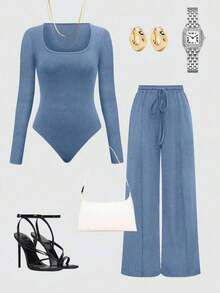 Set de 2 piezas: Top con bajo asimétrico y pantalones de unicolor - Niebla azul - Ver 6