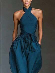 1Women's Summer Halter Neck Ruched Waist Wide Leg Loose Fit Jumpsuit Casual Tie Front Long Romper For Beach Vacation Date Night Daily - 藏蓝色 - 查看 10