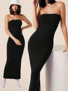BASICS Vestido Sólido Ceñido Al Cuerpo Casual Para Cena Y Cita - Negro - Ver 7