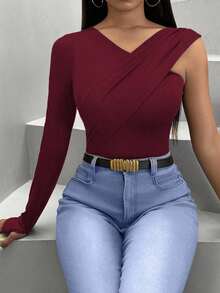 Camiseta De Señora Entallada Con Cuello En V De Color Sólido - Burdeos - Ver 8