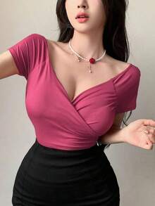 Camiseta básica de manga corta y escote envolvente de color liso versátil y casual, parte superior azul - Rosa Fucsia - Ver 5