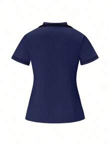 Conjunto de uniformes médicos: Parte superior de cuello en V de manga corta y pantalones para trabajadores de la salud - Azul marino 2 - Ver 5